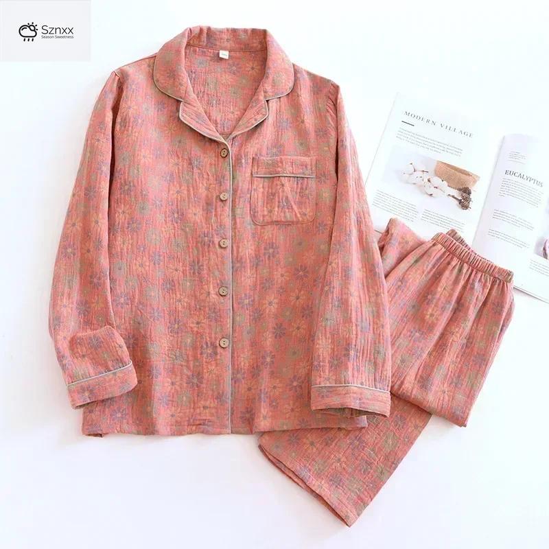 Floral Crepe Cotton Long-sleeve Pajama Lounge Set