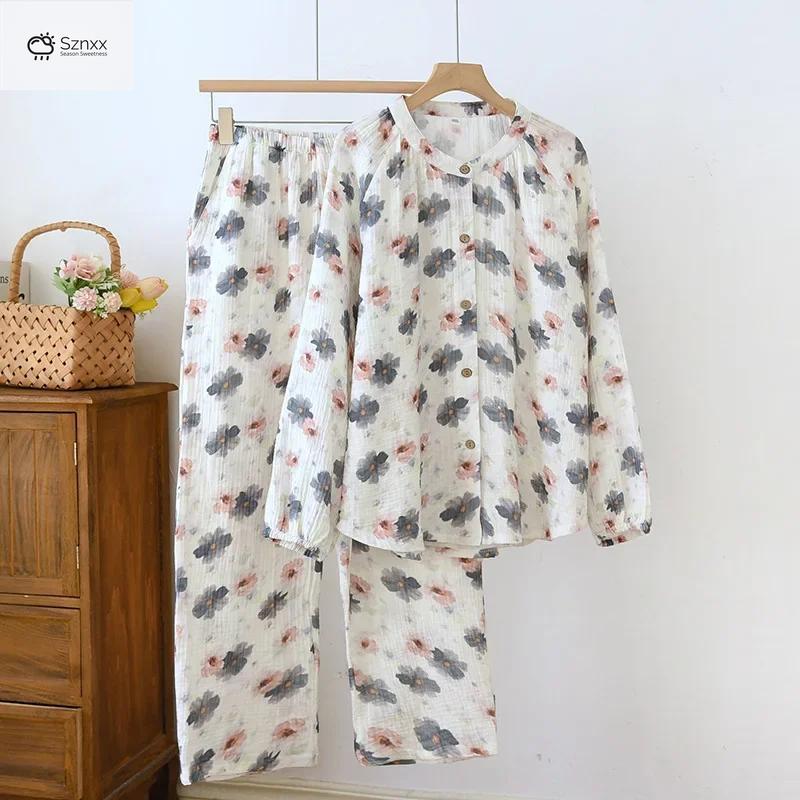Crepe Cotton Stand-up Collar Long Pajama Set