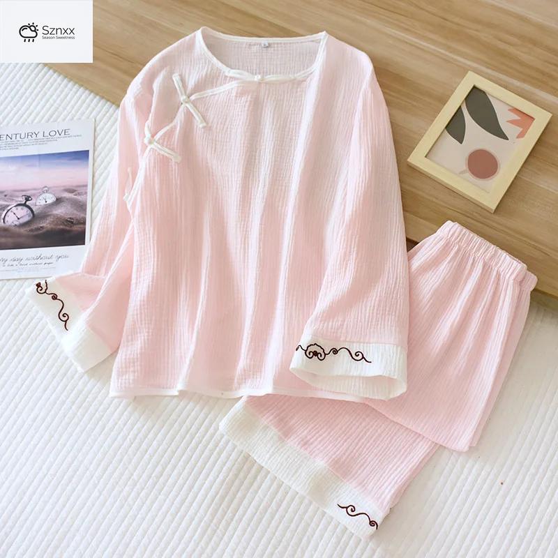 Womens Cotton Crepe Long-sleeve Pajama Set