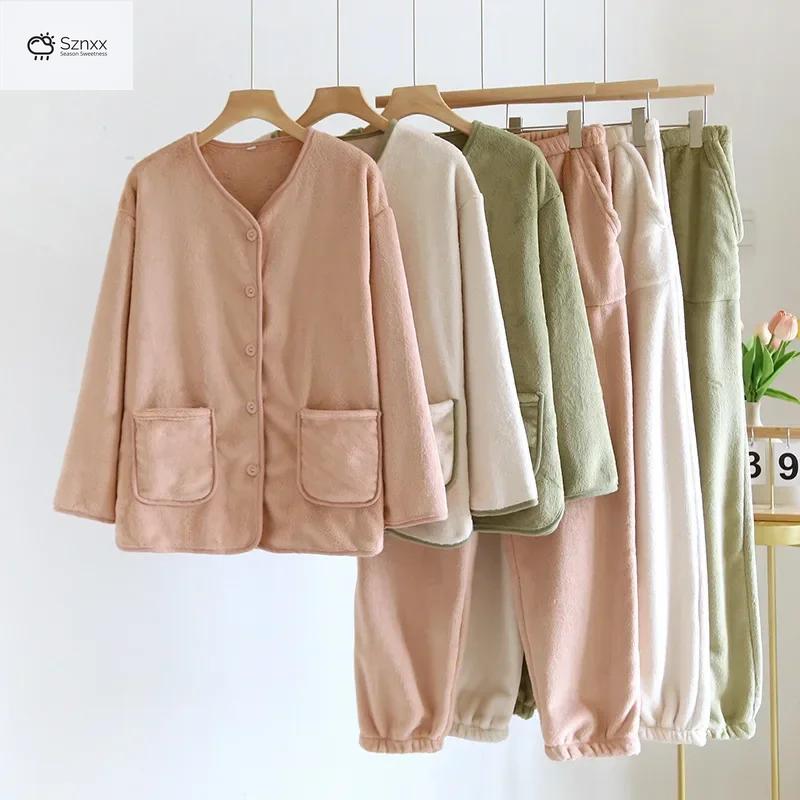 Womens Velvet V-neck Long Sleeve Pajama Lounge Set