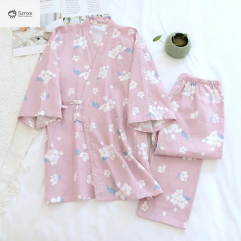 Womens Cherry Blossom Cotton Kimono Pajama Set