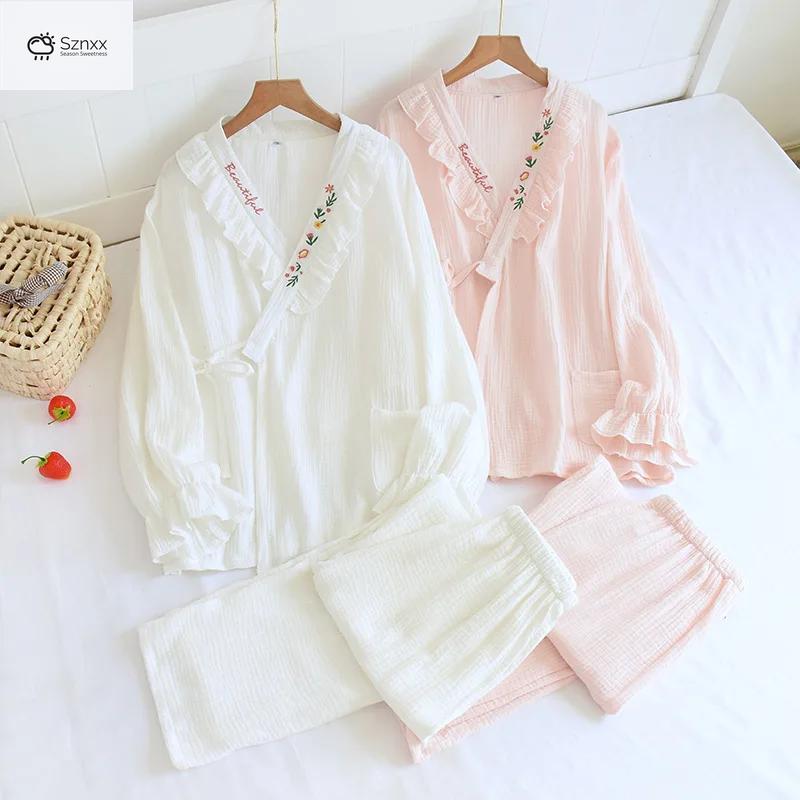 Japanese Cotton Crepe Kimono Pajama Two-piece Set