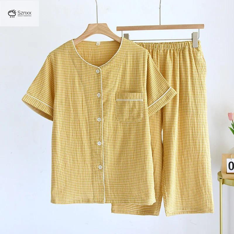 Checkered Cotton Gauze Couple Pajama Set
