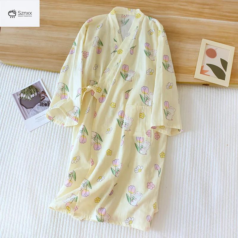 Floral Cotton Gauze Kimono Robe Mid-length Loungewear