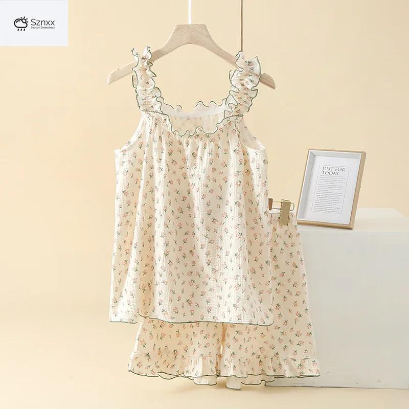 Sweet Floral Cotton Crepe Sling Pajama Set