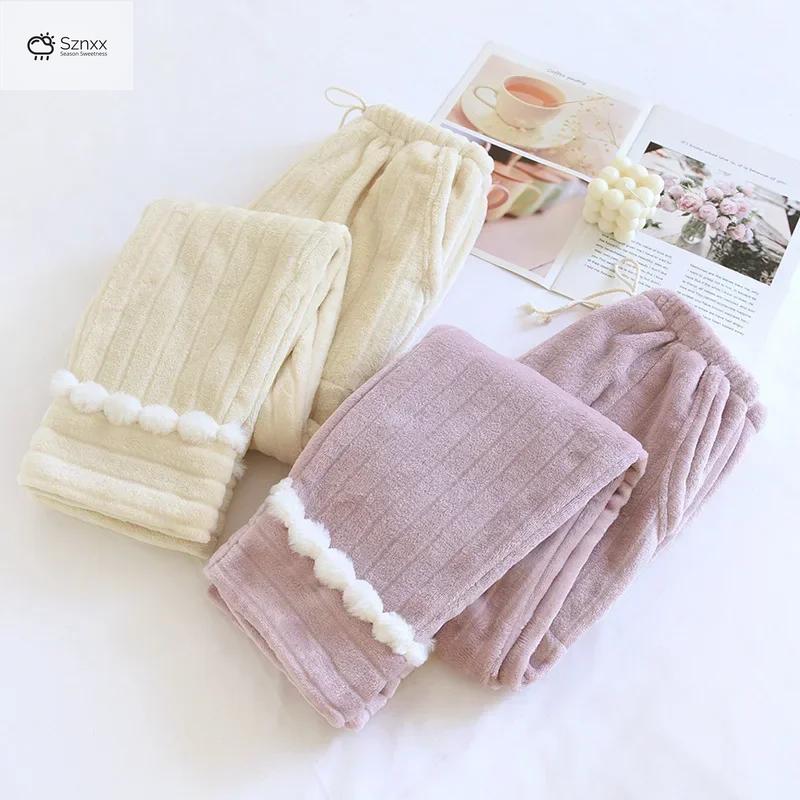 Womens Thick Velvet Flannel Warm Sleep Pants