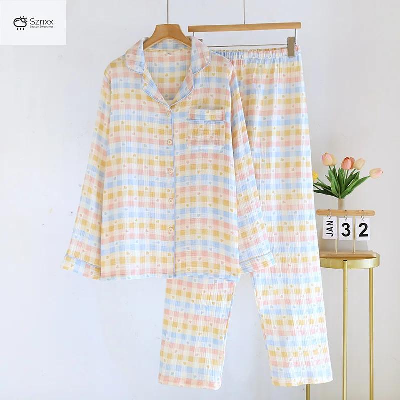 Womens Cotton Crepe Plaid Long Sleeve Pajama Set