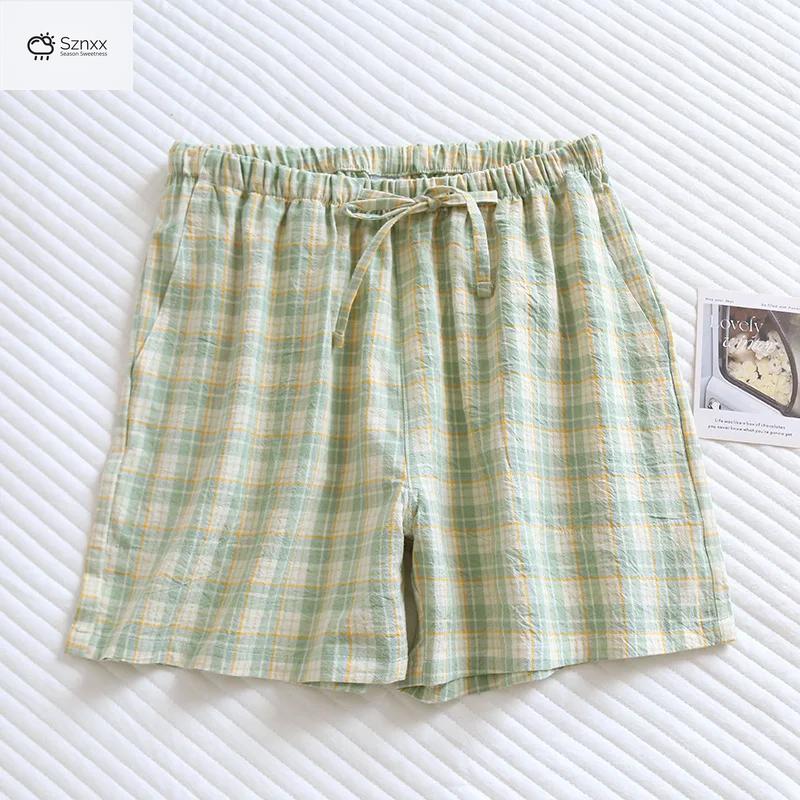 Checkered Cotton Couple Sleep Shorts Loose Fit