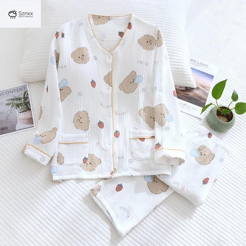 Floral Crepe Cotton Long-sleeve Pajama Set With Chest Pad
