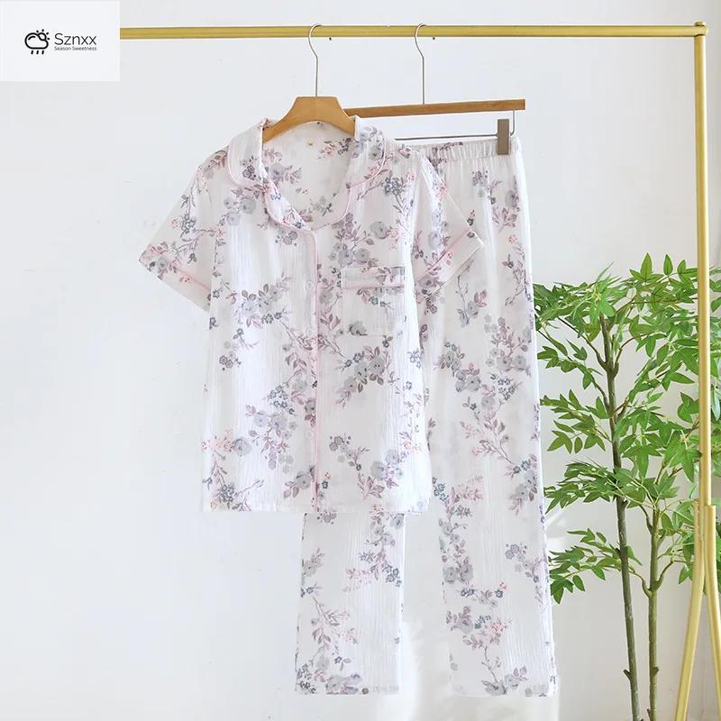 Womens Cotton Crepe Short Sleeve Pajama Lounge Set