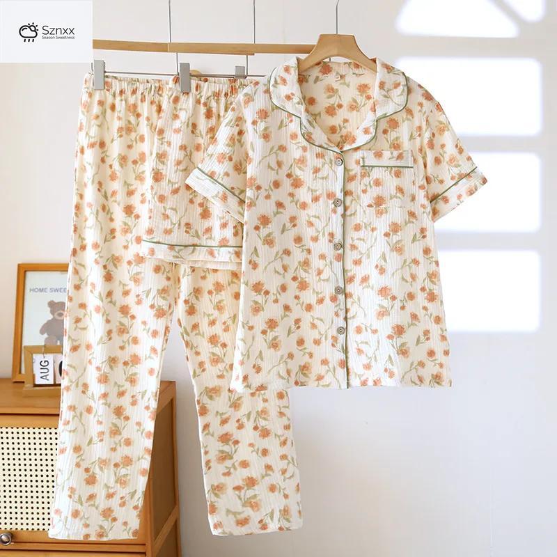 Womens Cotton Crepe Thin Pajama Three-piece Set