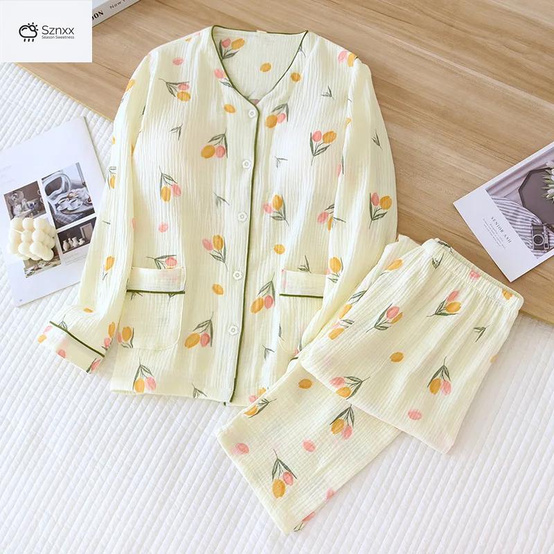 Floral Crepe Cotton Long-sleeve Pajama Set With Chest Pad