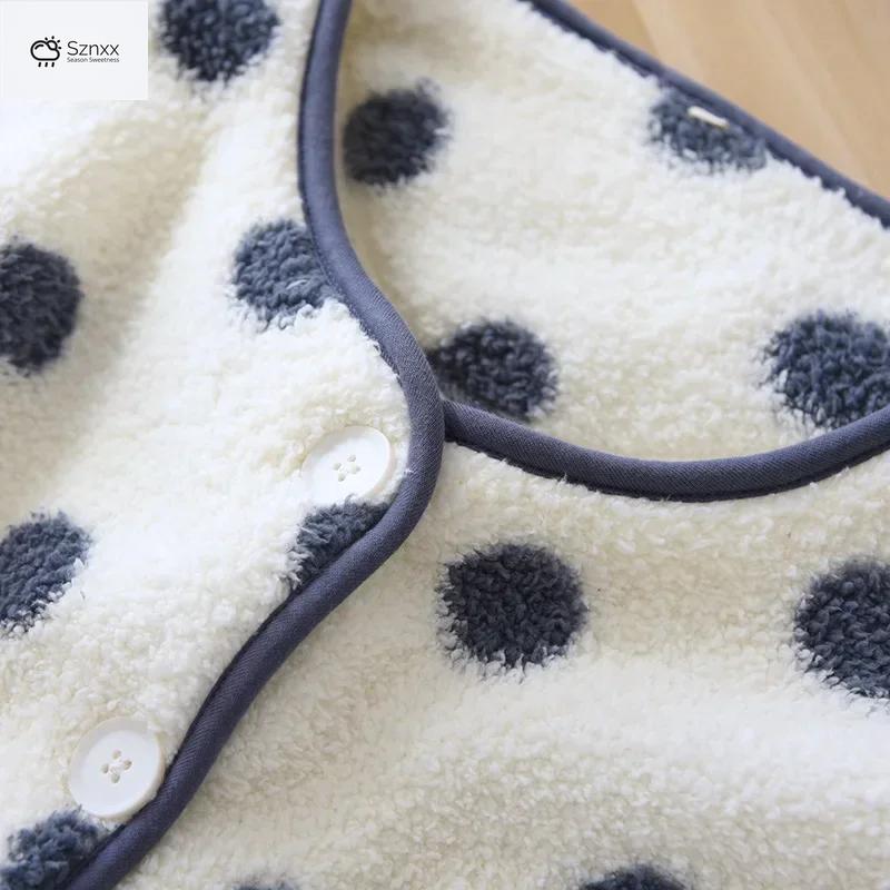Cozy Wave-dot Flannel Pajama Set With Cardigan