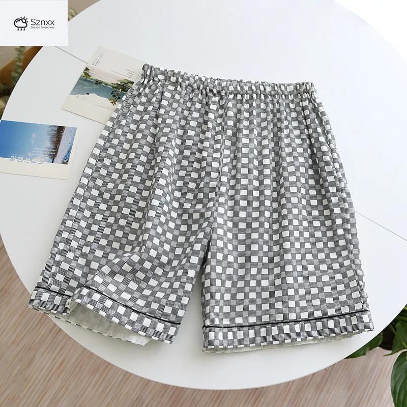 Cotton Plaid Couple Sleep Shorts Loose Fit