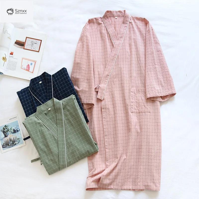 Lightweight Cotton Plaid Kimono Robe For Couples