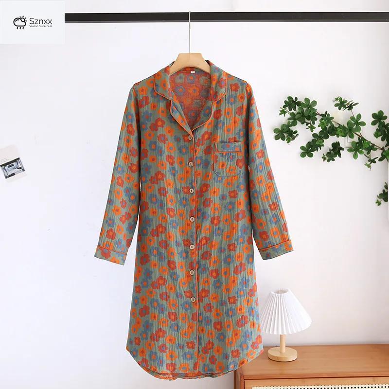 Womens Floral Cotton Long-sleeve Retro Nightdress