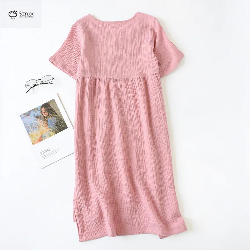 Soft Cotton Gauze Long Nightgown With Round Neck