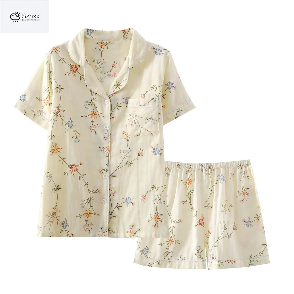 Womens Floral Cotton Gauze Pajama Shorts Set
