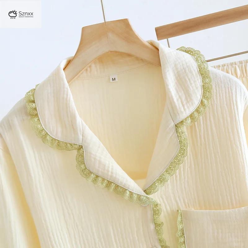 Womens Crepe Cotton Lapel Pajama Set Loose Fit