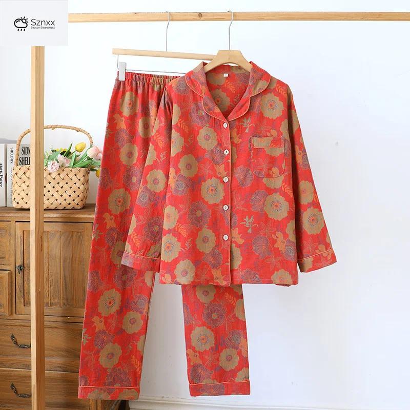 Floral Crepe Cotton Long-sleeve Pajama Lounge Set