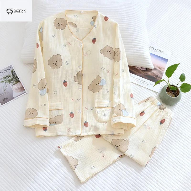 Floral Crepe Cotton Long-sleeve Pajama Set With Chest Pad