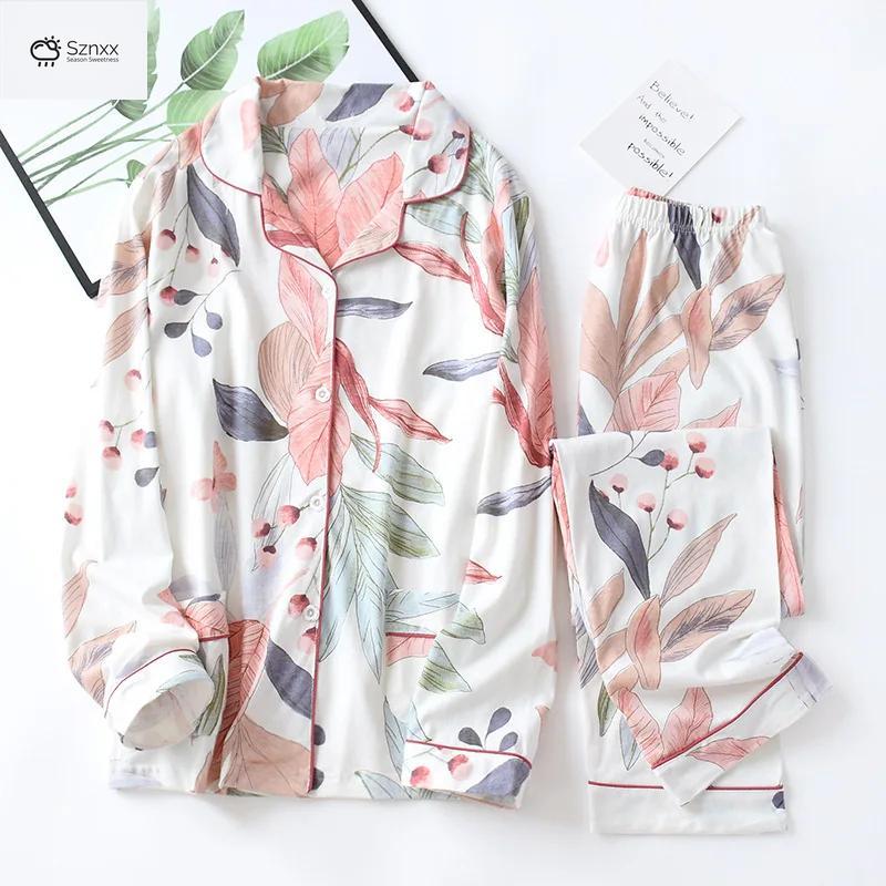 Floral Cotton Lapel Pajama Set For Women