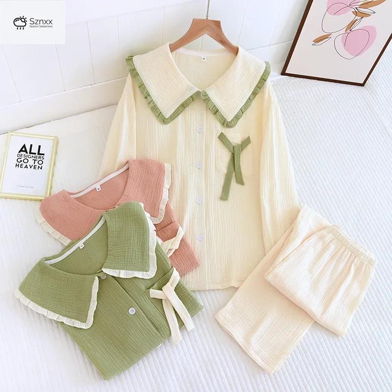 Soft Cotton Crepe Long-sleeve Pajama Lounge Set