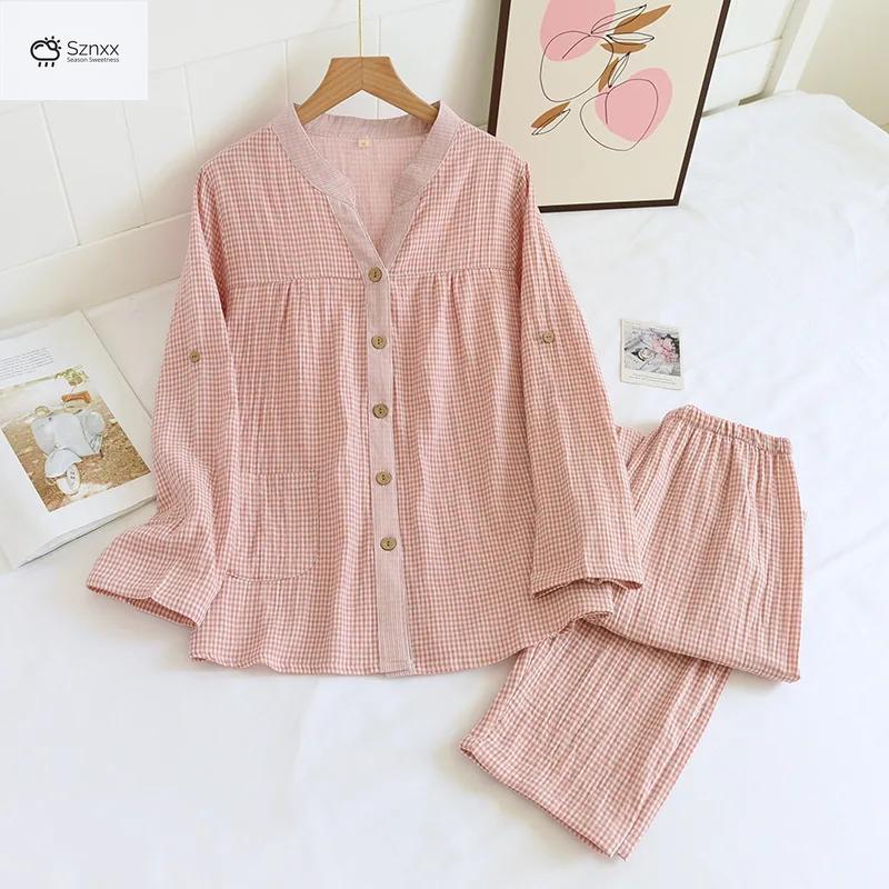 Womens Cotton Plaid Long-sleeve Pajama Set