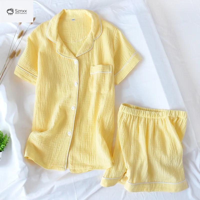 Womens Breathable Double-layer Crepe Gauze Pajama Set